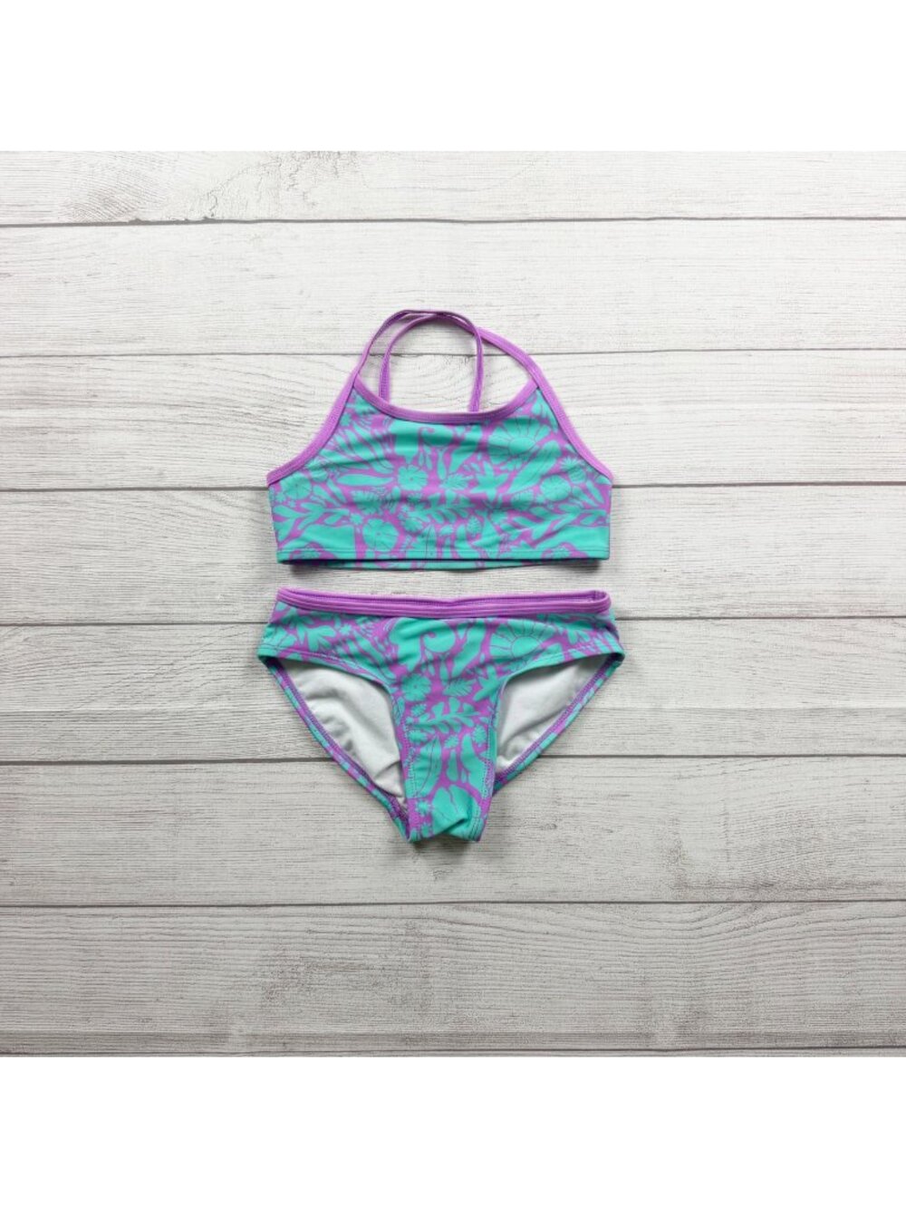 Cat & Jack Tropical Print Two Piece Swimsuit Purple Aqua Girls M 8